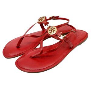 TORY BURCH~Dillan~RED LEATHER GOLD REVA LOGO THONG FLAT STRAPPY SANDALS